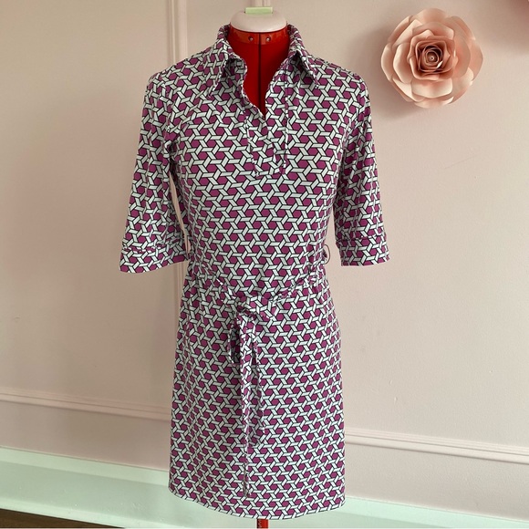 Laundry by Shelli Segal, Purple/White Geometric Print Dress, Collar, Sporty, US4 - Picture 2 of 11
